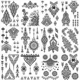 12 Blätter Schwarz Temporäre Tattoos Frauen Mädchen, Spitze Temporäre Aufkleber, Tattoo Stickers, für Arm und Handgelenk wasserdichte sexy schwarze Armband-Körperdekorationen für Frauen