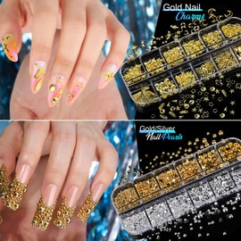 Teenitor Nail Charms Nail Stickers for Nail Art Kit, 8 Boxes Nail Rhinestones Nail Gems Pearls for Nails with 20 Sheets Nail Art Stickers, 3D Gold Nail Charms and Gems Nail Supplies Nail Art Tools