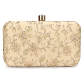 LONGING TO BUY Hand Crafted Designer Box Clutch - Zari Embroidery For Women, Golden-3, Wedding Clutch