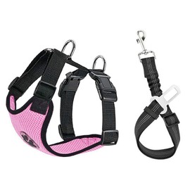 SlowTon Dog Car Harness Seatbelt Set, Dog Vest Harness Adjustable with Breathable Mesh & Vehicle Safety Seat Belt Tether with Elastic Bungee for Small Medium Large Dogs (Pink, L)