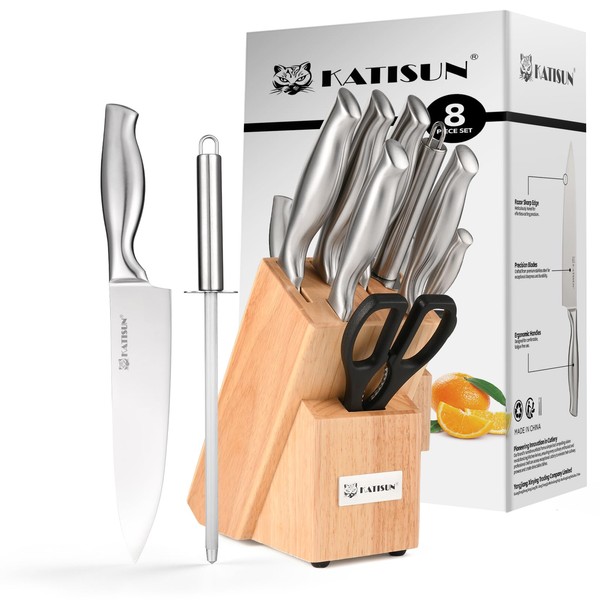 KATISUN 8 Piece German Steel Knife Set With Block, Ergonomic
