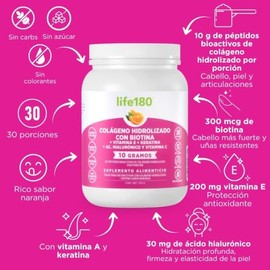 Life180 Colágeno Hidrolizado Biotina Vitamina Sabor Naranja 333g