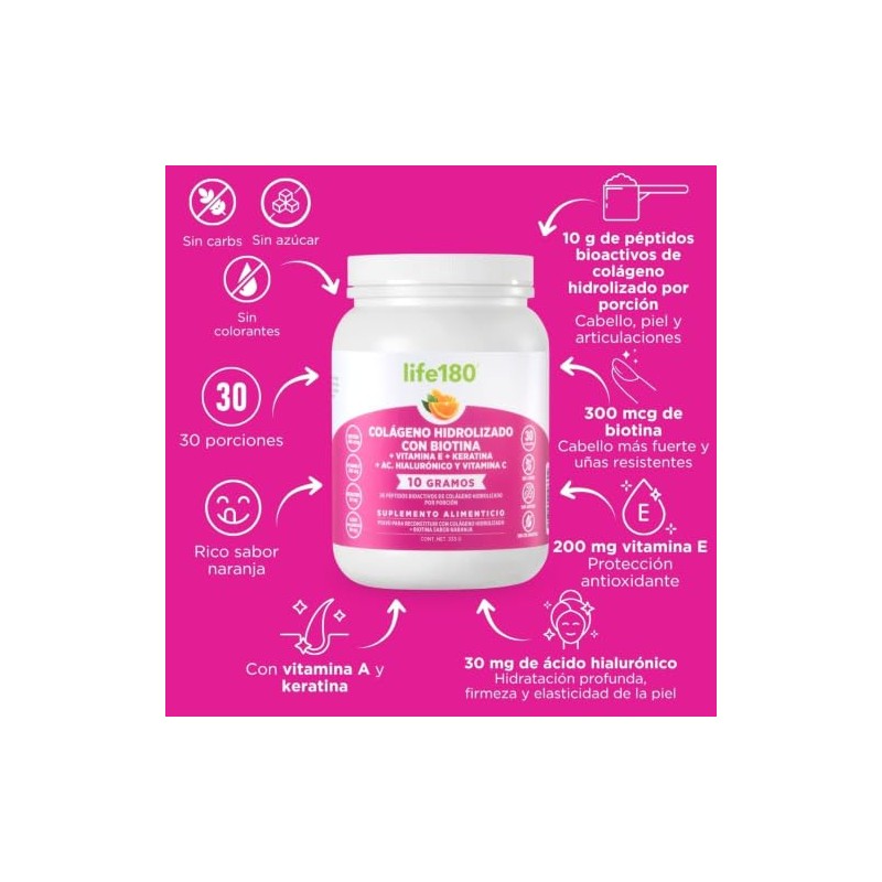 Life180 Colágeno Hidrolizado Biotina Vitamina Sabor Naranja 333g