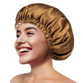 Zenssia Silky Satin Bonnet for Sleeping, Hair Bonnet for Women and Men, Adjustable Sleep Bonnet for Curly Hair, Dark Tan, Medium
