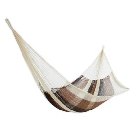 NOVICA Earthtone Brown White Hand Woven Nylon Mayan 1 Person Rope Hammock with Hanging Accessories, Coffee and Chocolate' (Single)