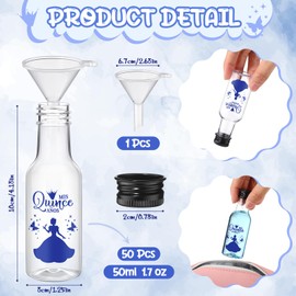 Jingmore 50 Pcs Quinceanera Mini Liquor Bottle Mis Quince Anos 1.7oz Empty Plastic Shot Bottle with Black Screw Cap 1 Funnel Sweet 15 Year Birthday Gift for Guest Recuerdos De Quinceañera Favor(Blue)
