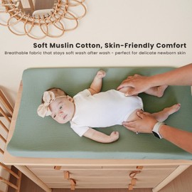 Konssy Muslin Changing Pad Cover for Baby Girls Boys, 100% Cotton Fitted Diaper Chang Table Covers, Soft Breathable Changing Pad Sheets, 2 Pack (Leafy,Green)