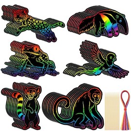 Gueevin 60 Pcs VBS 2026 Craft Scratch Cards Rainforest Themed Animal DIY Kit, 6 Rainforest Animal Designs with Wooden Sticks & Ribbons VBS 2026 Decorations & Classroom DIY Crafts