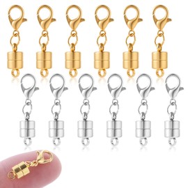 Magnetic Necklace Clasps with Lobster Clasp Gold and Silver Plated Double Magnetic Jewelry Clasps Converters for Bracelet Necklaces Anklet Chain Extender DIY Jewelry Making -12 Pieces