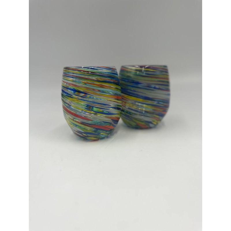 Handblown Confetti Stemless Wine Glass with Colorful Swirl Design (Set