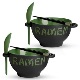 Ceramic Ramen Bowl Set with Chopsticks and Spoon - Set of 2 Microwavable Noodle Bowl Kitchen Set for Instant Noodles, Pho, Udon Noodles, Miso Soup - Green Japanese Ramen Bowls Ceramic Gifts (21 oz)