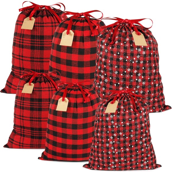 HRX Package Fabric Gift Bags Drawstring, 6pcs Reusable Christmas Sacks Red and Black Buffalo Plaid Cloth Pouches for Xmas Presents Party Favor
