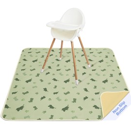 High Chair Splash Floor Mat,Unicorn Castle Waterproof Washable Slip Splash Mat for Under High Chair Food Catcher,Light Green Dinosaur,107x117cm