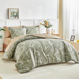 AIKASY Bed in a Bag 7 Pieces - Floral Print - Soft Microfiber, Reversible Bed Comforter Set (1 Comforter, 2 Pillow Shams, 1 Flat Sheet, 1 Fitted Sheet, 2 Pillowcases) (Sea Green, Queen)