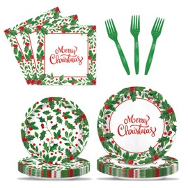 KMCCUMBER Christmas Paper Plates and Napkins Sets Christmas Party Plates Supplies Holly Leaf Christmas Dinnerware Set Christmas Plates Napkins Forks for Christmas Party Supplies