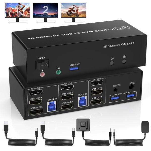 USB 3.0 DisplayPort + 2 HDMI KVM Switch 3 Monitors 2 Computers, 4K @ 60Hz Triple Monitor KVM Switch 2PC 3 Monitors with 3 USB 3.0 Ports and Audio Microphone, Keyboard Mouse Switch