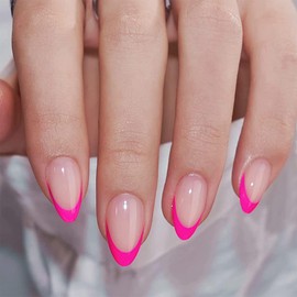 30PCS Hot Pink French Tip Press On Nails - Short Almond Shape False Nails For Women - Classic Soft Gel Stick On Natural Look Fake Set Multiple Sizes With Full DIY Kit For Daily Wear