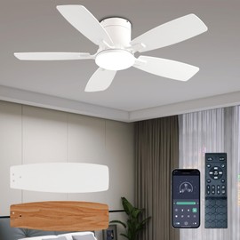 Ayaoty Ceiling Fans with Lights, 42 inch Low Profile Ceiling Fan with Light and Remote Control, Flush Mount, Reversible Motor, Dimmable, Noiseless, White Ceiling Fan for Bedroom, Indoor/Outdoor Use