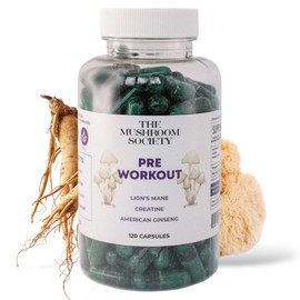 The Mushroom Society Pre-Workout Supplement - Focus & Performance Stack with Lion’s Mane, Creatine, American Ginseng & Beta-Glucans – Natural Energy & Endurance Without Caffeine - 120 Vegan Capsules