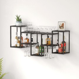 MKOEIY 47.2” L Wall Mounted Wine Rack, Industrial Pipe Shelves Hanging Floating Shelf, with 4 Stemware Hanger for Holder Kitchen/Living Room/Home Steel Wine Storage Display Rack