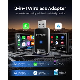 Ottocast Mini Edge 2025 Upgraded, 2-in-1 Kabelloser CarPlay & Android Auto Adapter für iOS 10+ & Android 11+, Mehrbenutzer-Unterstützung, Wandelt kabelgebundenes CarPlay/Android Auto in kabelloses