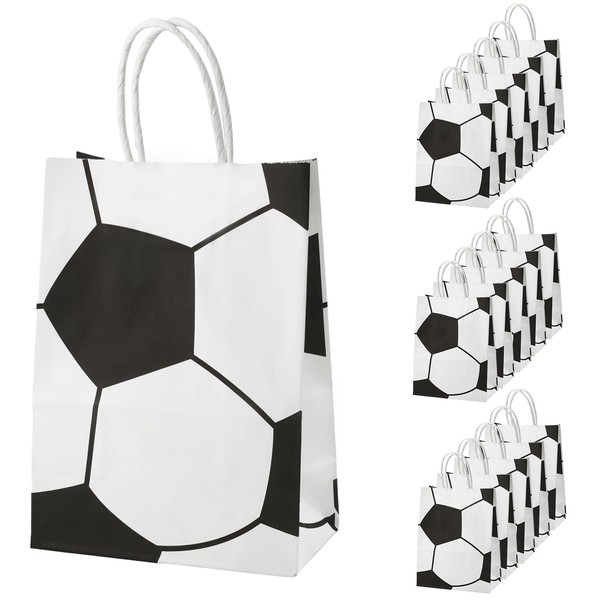PEUTIER 16pcs Soccer Party Favor Paper Bags, Football Themed Party Gift Bags with Handles Soccer Goodie Bags Treat Candy Bags for Kids Adults Soccer Party Supplies (Style 2)