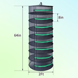Growsun Herb Drying Rack 8 Layer 2ft Diameter Plant Hanging Mesh Dry Net w/Green Zipper, Free Garden Pruning Shears
