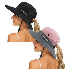 Women's Summer Sun-Hat Ponytail - Outdoor UV-Protection Mesh Wide Brim Foldable Hat with Ponytail Hole (Black+Pink)