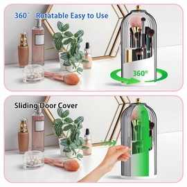 Fosoloni Makeup Brush Holder Organizer with Clear Lid 360 Rotating Dustproof Makeup Organiser Storage for Lipstick, Lip Gloss, Eyeliner, Bedroom, Bathroom
