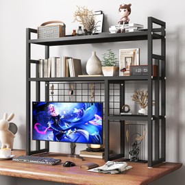 3-Layers Desktop Bookshelf, 37.4" Desk Shelf Bookcase Metal Desk Hutch Shelf, Countertop Organizer Rack with Grid Panel for Computer Desk Dorm Room Office Home (Black)