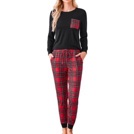 difficort Pajamas for Women Plaid Christmas Pajamas Long Sleeve Print Pj Set with Pocket, Black, Large