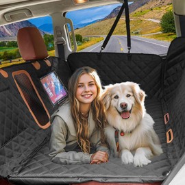 Back Seat Extender for Dogs, Waterproof Large Dog Car Seat Cover with Hard Bottom, Anti-Scratch & Non-tearable 1680D Oxford Fabric, Dog Hammock with Mesh Window Pocket for Car&SUV(Black)