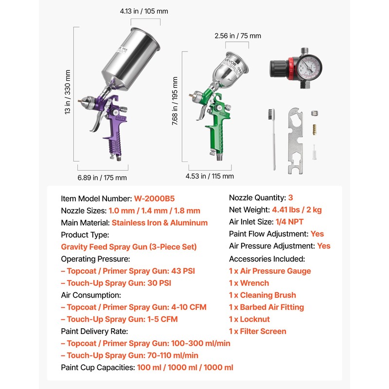 VEVOR 3-Piece Air Spray Gun Kit, Professional Auto Paint Spray
