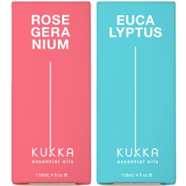 KUKKA essential oils Rose Geranium Oil for Skin & Eucalyptus Essential Oil for Diffuser Set - 100% Natural Aromatherapy Grade Essential Oils Set - 2x4 fl oz - Kukka
