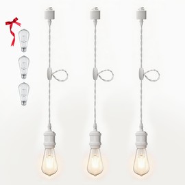 Fiabtool Universal H-Type Modern Pendant Track Lights Kit with 3 Bulbs,3-Pack White Track-Mounted Hanging Fixtures 4000K Natural Light Bulbs, E26 Socket for Kitchen Island and Dining Room