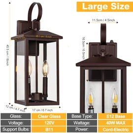 Extra Large Exterior Lighting Fixtures Bronze, Dusk Till Dawn Outdoor Light Fixture, 2-Light Outdoor Wall Fixture with E12 Socket, 18" Porch Light Fixtures for House, Garage, Patio, Door, Backyard