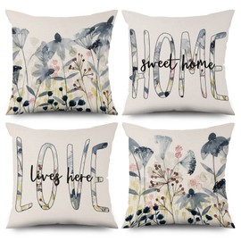ASDCXZ Frühling Kissenbezug 50x50 cm 4er Set, Frisch Aquarell Blume Muster Blau Sofa Dekokissen Kissenbezüge Kissenhülle Waschbar Polyester Flachs Textil Outdoor Polster Kopfkissenbezug Kissen Bezug