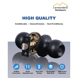 Lanwandeng 4 Pack Matte Black Door Knobs with Lock and Keys All Alike, Interior/Exterior Door Knob for Bedroom or Bathroom, Entry Door Lock