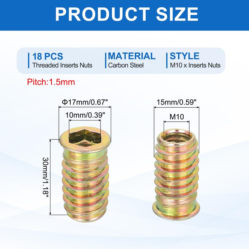 sourcing map 18Pcs Threaded Inserts Nuts, M10x30mm Hex Socket Drive