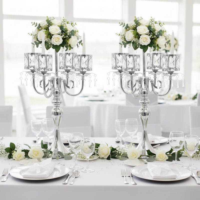 Silver Candelabra Table Centerpieces: 5 Arm Crystal Pendant Candle Holders