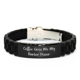 Coffee Gives Me My Barber Power, Adjustable Glide lock Clasp Men's Birthday Unique Gift, Black Stainless Steel and Silicone, for Friends, Coworkers, Family