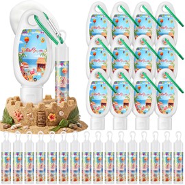 Demissle 12 Sets Hello Summer Travel Size Sunscreen and Sunscreen Lip Balms Spf Hello Summer Pool Wedding Party Favors Sunblock Packets with Carabiner Gifts for Outdoor Beach Pool Hawaiian Party Favor