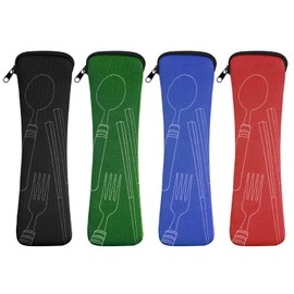 Vicloon 4 Pcs Cutlery Bags, Portable Flatware Bag, Fork Spoon Organizer, Camping Cutlery Storage Bag, Reusable Tableware Storage Bags for Fork Spoon Chopsticks (Black & Blue & Red & Green)