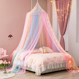 Bed Canopy for Girls, Rainbow Bed Tent Princess Bed Canopy Hanging Mosquito Net for Bed Room Décor Kids Fairy Dream Play Tent