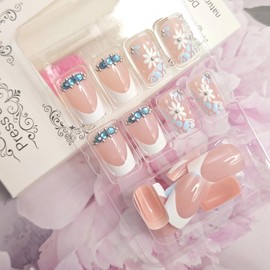 24Pcs French Tip Press on Nails Short Square Fake Nails Blue Flower with Rhinestones Glossy Design Full Cover Stick on Nails Reusable Spring False Nails for Women Girls Acrylic Nail Decorations DIY