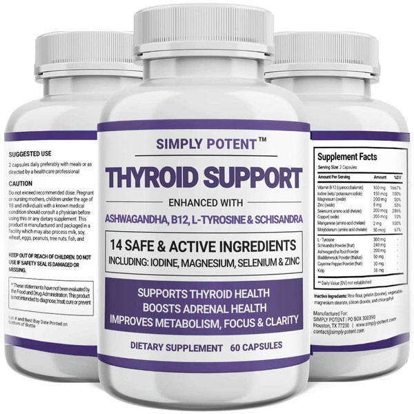 Thyroid Support & Adrenal Support Supplement 2-in-1 Natural Formula with Iodine & Ashwagandha for Energy, Metabolism, Focus for Women & Men, 60 Caps