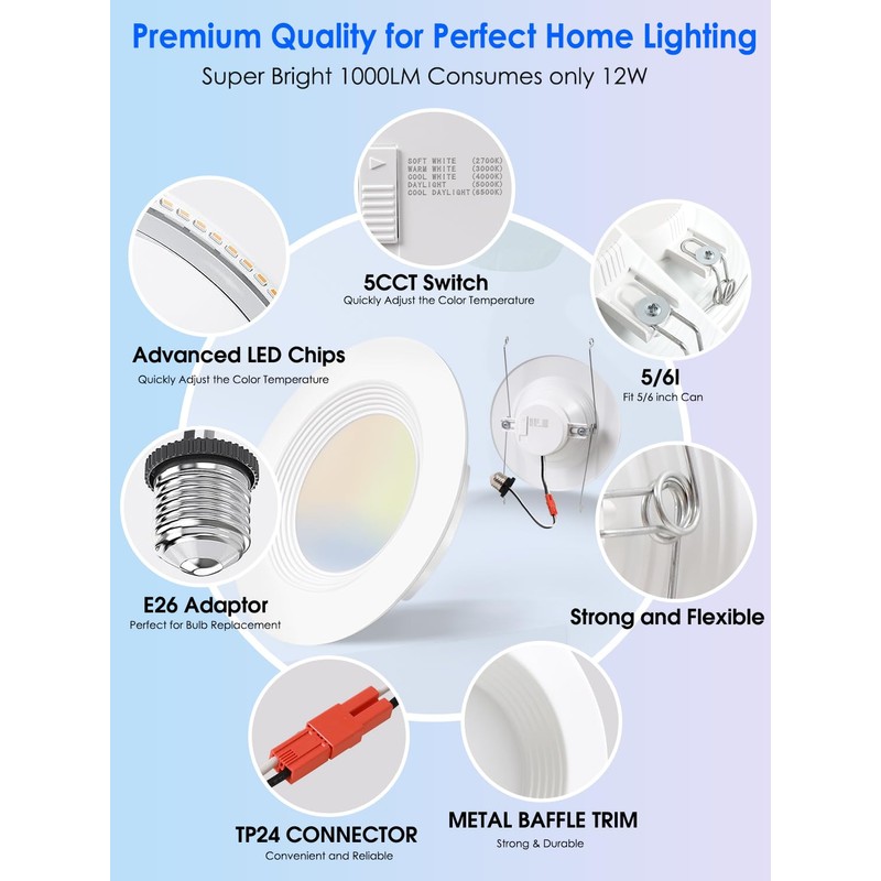 12 Pack 5/6 Inch 5CCT LED Recessed Lighting Retrofit, 2700K/3000K/4000K/5000K/6500K