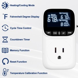 Digital Temperature Controller Thermostat Outlet Plug, 120V 15A Heating and Cooling Control with Sensor,Thermostat Timer LCD Display, Ideal for Reptiles, Greenhouses, and Brewing