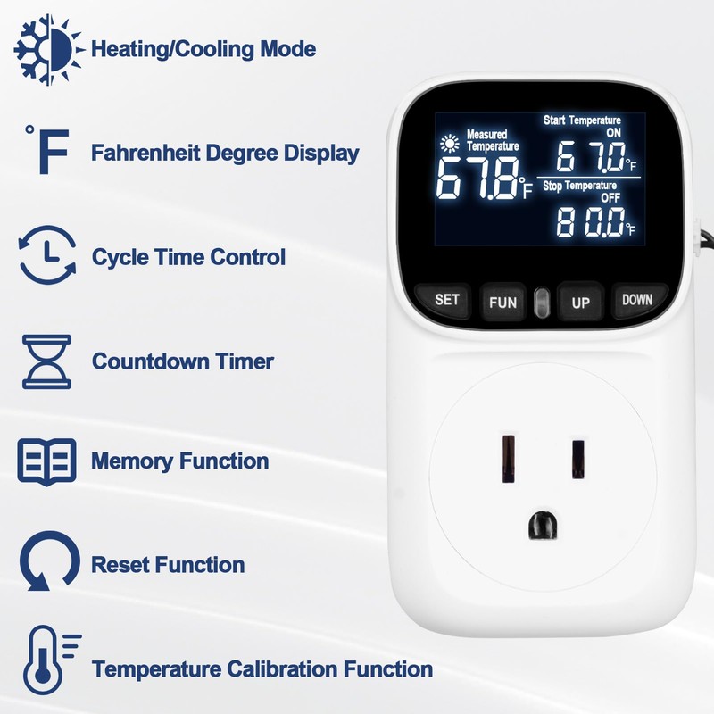Digital Temperature Controller Thermostat Outlet Plug, 120V 15A Heating and