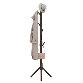 COLAMY Wooden Coat Rack, Free Standing Coat Tree with 7 Hooks for Bedroom, Entryway, Entrance, Office, for Hats, Coats, Scarves, Handbags（Brown